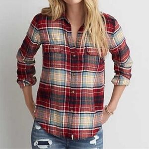American Eagle, AE: Vintage Red Gold Plaid Flannel Button Shirt, Soft—Size M